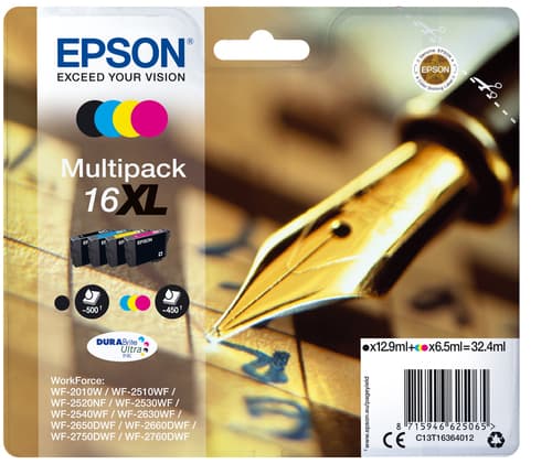 Epson Ink Cartridges, DURABrite" Ultra, 16XL, Pen and crossword, Multipack, 1 x 6.5 ml Yellow, 1 x 6.5 ml Cyan, 1 x 6.5 ml Magenta, 1 x 12.9 ml Black