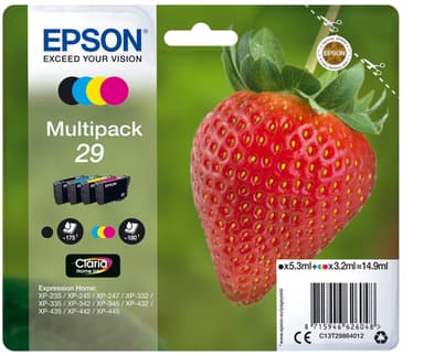 Epson Ink Cartridges, Claria" Home Ink, 29, Strawberry, Multipack, 1 x 3.2 ml Cyan, 1 x 3.2 ml Magenta, 1 x 5.3 ml Black, 1 x 3.2 ml Yellow, Standard