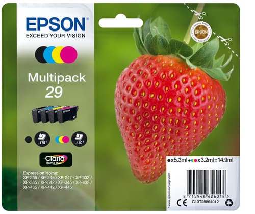 Epson Ink Cartridges, Claria" Home Ink, 29, Strawberry, Multipack, 1 x 3.2 ml Cyan, 1 x 3.2 ml Magenta, 1 x 5.3 ml Black, 1 x 3.2 ml Yellow, Standard