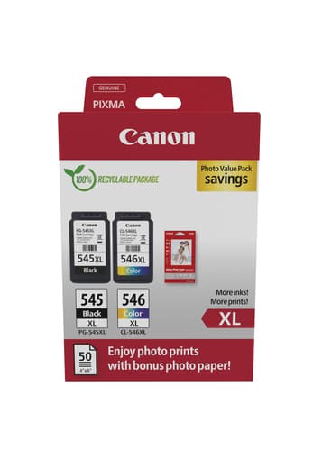 Canon PG-545XL/CL-546XL Photo Paper Value Pack - 2-pack - High Yield - black, colour (cyan, magenta, yellow) - original - hanging box - ink cartridge / paper kit - for PIXMA TR4551, TR4650, TR4651, TS3350, TS3351, TS3352, TS3355, TS3450, TS3451, TS3452