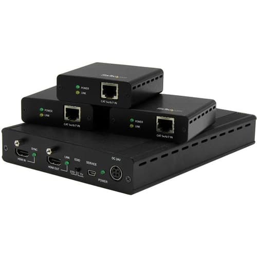StarTech.com 3 Way HDMI Splitter - HDBaseT Extender Kit w/ 3 Receivers - 1x3 HDMI over CAT5e / CAT6 Splitter - 3 Port HDBaseT HDMI Extender - Up to 4K (ST124HDBT) - Video/audio extender - up to 70 m