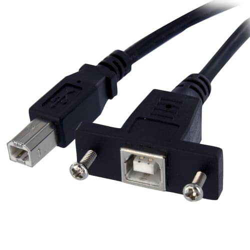StarTech.com 1 ft Panel Mount USB Cable B to B - F/M - USB cable - USB Type B (F) to USB Type B (M) - USB 2.0 - 1 ft - molded, thumbscrews - black - USBPNLBFBM1 - USB cable - USB Type B (F) to USB Type B (M) - USB 2.0 - 30 cm - molded, thumbscrews - black - for P/N: USB2HAB10, USB2HAB15, USB2HAB30AC, USB2HAB50AC, USB2HAB6, USB2HABM1, USB2HABM6RA