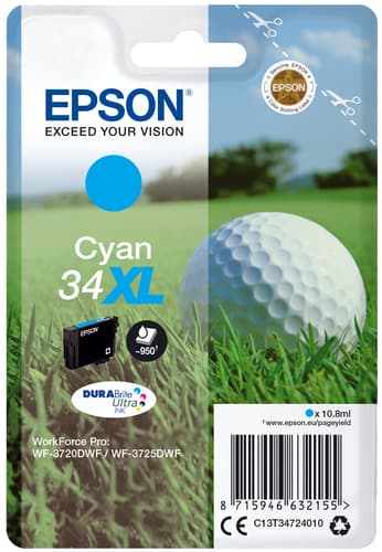 Epson Ink Cartridges, DURABrite" Ultra, 34XL, Golf ball, Singlepack, 1 x 10.8 ml Cyan, XL
