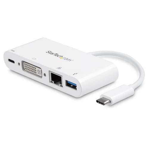 StarTech.com USB C Multiport Adapter, USB-C to DVI-D (Digital) Video Adapter with 60W Power Delivery Passthrough Charging, GbE, USB-A, Portable USB Type-C/Thunderbolt 3 Mini Laptop Dock - Dock with Ethernet (DKT30CDVPD) - External video adapter - USB-C - DVI, RJ-45 - white