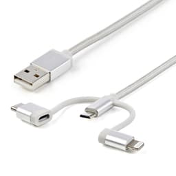 StarTech.com USB Multi Charging Cable - 3.3 ft / 1m - Lightning / USB-C / Micro-USB - Braided - MFi Certified - USB 2.0 - 3 in 1 Charging (LTCUB1MGR) - USB cable - USB (M) to Micro-USB Type B, Lightning, 24 pin USB-C (M) - 1 m - silver