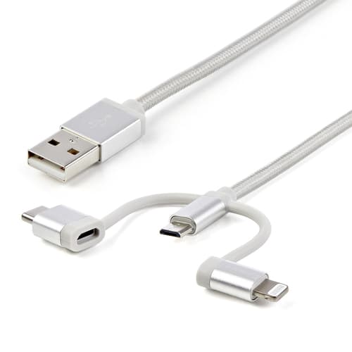 StarTech.com USB Multi Charging Cable - 3.3 ft / 1m - Lightning / USB-C / Micro-USB - Braided - MFi Certified - USB 2.0 - 3 in 1 Charging (LTCUB1MGR) - USB cable - USB (M) to Micro-USB Type B, Lightning, 24 pin USB-C (M) - 1 m - silver