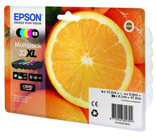 Epson Ink Cartridges, Claria" Premium Ink, 33, Oranges, Multipack, 1 x 8.9 ml Cyan, 1 x 8.9 ml Magenta, 1 x 12.2 ml Black, 1 x 8.1 ml Photo Black, 1 x 8.9 ml Yellow, High, XL — view 3