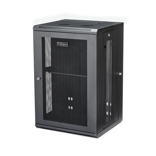 StarTech.com 18U 19" Wall Mount Network Cabinet, 16" Deep Hinged Locking IT Network Switch Depth Enclosure, Assembled Vented Computer Equipment Data Rack with Shelf & Flexible Side Panels - 18U Vented Cabinet (RK1820WALHM) - Rack enclosure cabinet - wall mountable - black - 18U