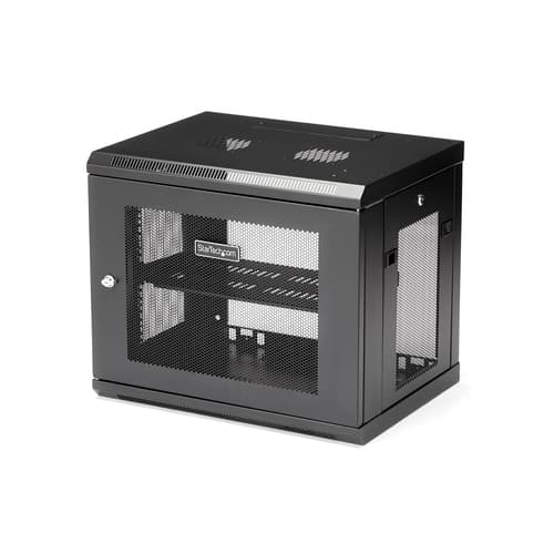 StarTech.com 2 Post 9U 19" Wall Mount Network Cabinet, Adjustable Depth 6-15" Locking IT Switch Depth Enclosure, Vented Computer/Electronics Equipment Data Rack w/ Shelf + Hook & Loop Tape - 19 Inch Wall Cabinet (RK9WALM) - Rack enclosure cabinet - wall mountable - black - 9U