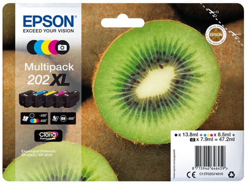 Epson Ink Cartridges, Claria" Premium Ink, 202XL, Kiwi, Multipack, 1 x 13.8 ml Black, 1 x 8.5 ml Cyan, 1 x 8.5 ml Yellow, 1 x 8.5 ml Magenta, 1 x 7.9 ml Photo Black, High, XL