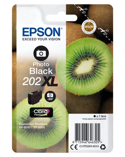 Epson Ink Cartridges, Claria" Premium Ink, 202XL, Kiwi, Singlepack, 1 x 7.9ml Photo Black, Standard, XL, RF+AM