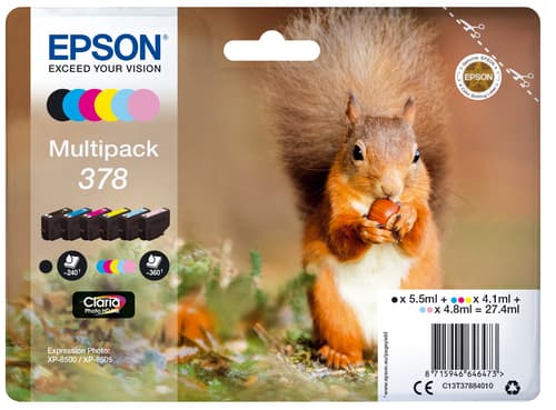 Epson Ink Cartridges, Claria" Photo HD Ink, 378, Squirrel, Multipack, 1 x 5.5 ml Black, 1 x 4.1 ml Cyan, 1 x 4.8 ml Light Cyan, 1 x 4.1 ml Yellow, 1 x 4.1 ml Magenta, 1 x 4.8 ml Light Magenta, RF+AM