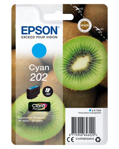 Epson Ink Cartridges, Claria" Premium Ink, 202, Kiwi, Singlepack, 1 x 4.1ml Cyan, Standard