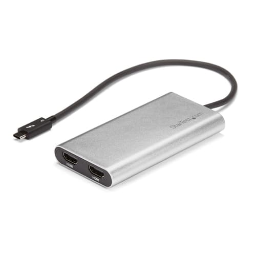 StarTech.com Thunderbolt 3 to Dual HDMI 2.0 Adapter - 4K 60Hz Dual Monitor TB3 HDMI Video Adapter - Thunderbolt 3 Certified -Mac & Windows (TB32HD24K60) - Adapter cable - 24 pin USB-C male to HDMI female - 28.4 m - silver - active, 4K60Hz (4096 x 2160) support - for P/N: TB33A1C — view 1