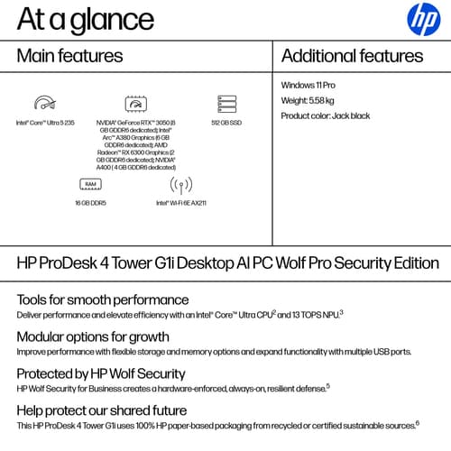 HP ProDesk 4 G1i AI - Tower Core Ultra 5 235 / up to 5 GHz - RAM 16 GB - SSD 512 GB - NVMe - Intel Graphics - Gigabit Ethernet, IEEE 802.11ax (Wi-Fi 6E), Bluetooth 5.3 - Win 11 Pro - monitor: none - jack black - Smart Buy - with HP Wolf Pro Security Edition (1 year) — view 4