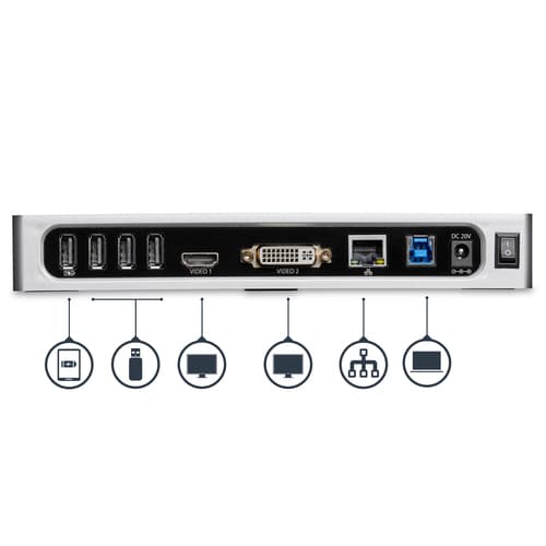 StarTech.com USB 3.0 Docking Station, Dual Monitor Laptop Docking Station with HDMI & DVI/VGA Video, 6-port USB 3.1 Gen 1 5Gbps Hub, GbE, Audio, Universal USB Type-A Dock, Windows & Mac - Dual Display Dock (DK30ADD) - Docking station - USB - DVI, HDMI - 1GbE - for P/N: DK30A2DH, SVA20N2NEUA — view 6