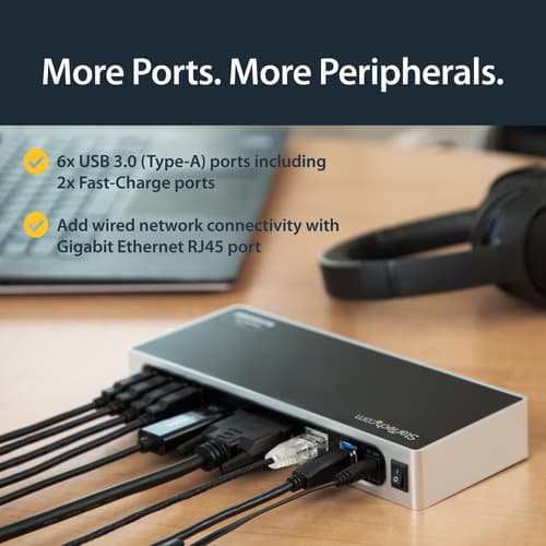 StarTech.com USB 3.0 Docking Station, Dual Monitor Laptop Docking Station with HDMI & DVI/VGA Video, 6-port USB 3.1 Gen 1 5Gbps Hub, GbE, Audio, Universal USB Type-A Dock, Windows & Mac - Dual Display Dock (DK30ADD) - Docking station - USB - DVI, HDMI - 1GbE - for P/N: DK30A2DH, SVA20N2NEUA — view 13