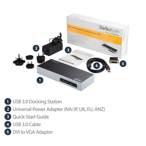 StarTech.com USB 3.0 Docking Station, Dual Monitor Laptop Docking Station with HDMI & DVI/VGA Video, 6-port USB 3.1 Gen 1 5Gbps Hub, GbE, Audio, Universal USB Type-A Dock, Windows & Mac - Dual Display Dock (DK30ADD) - Docking station - USB - DVI, HDMI - 1GbE - for P/N: DK30A2DH, SVA20N2NEUA — view 14