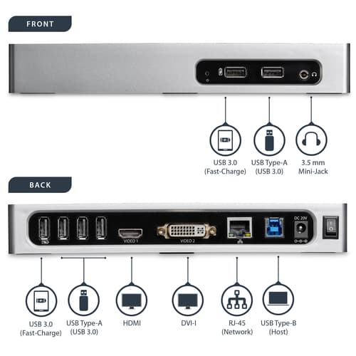 StarTech.com USB 3.0 Docking Station, Dual Monitor Laptop Docking Station with HDMI & DVI/VGA Video, 6-port USB 3.1 Gen 1 5Gbps Hub, GbE, Audio, Universal USB Type-A Dock, Windows & Mac - Dual Display Dock (DK30ADD) - Docking station - USB - DVI, HDMI - 1GbE - for P/N: DK30A2DH, SVA20N2NEUA — view 11