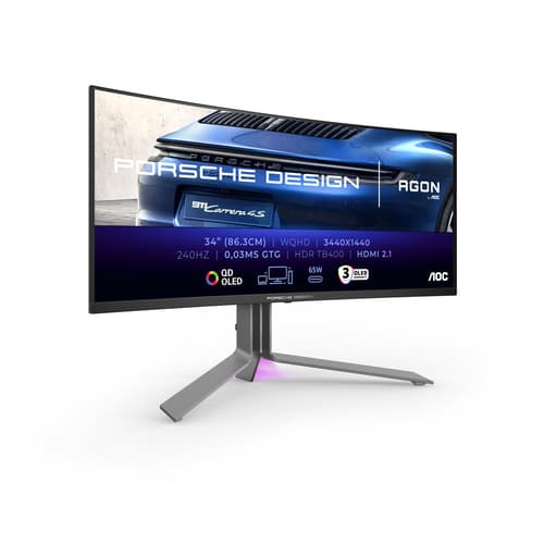 AOC AGON PRO PD34 Porsche Design - Porsche Design - OLED monitor - gaming - curved - USB - 34" - 3440 x 1440 WQHD @ 240 Hz - 1000 cd/m� - 15000000:1 - DisplayHDR 400 True Black - 0.03 ms - 2xHDMI, 2xDisplayPort, USB-C - speakers - black, silver