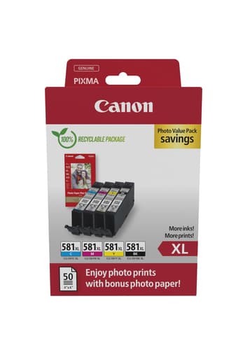 Canon CLI-581XL C/M/Y/BK Photo Value Pack - 4-pack - 8.3 ml - XL - black, yellow, cyan, magenta - original - box - ink tank / paper kit - for PIXMA TS6251, TS6350, TS6351, TS705, TS8252, TS8350, TS8351, TS8352, TS9550, TS9551