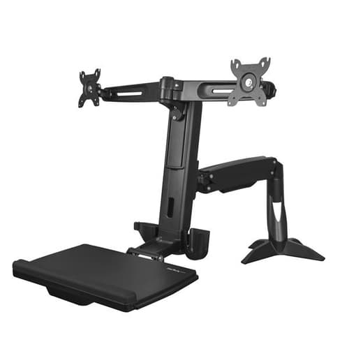 StarTech.com Sit Stand Dual Monitor Arm, Desk Mount Dual Computer Monitor Adjustable Standing Workstation for up to 24" Displays, VESA Ergonomic Stand Up Desk Converter with Keyboard Tray - Stand Up Office Desk (ARMSTSCP2) - Mounting kit (desk clamp mount, base plate, column, grommet plate, keyboard tray, base, base pad, grommet clamp, keyboard tray cap, crossbar mount) - for 2 monitors - plastic, aluminium, steel - black - screen size: 24" - TAA Compliant