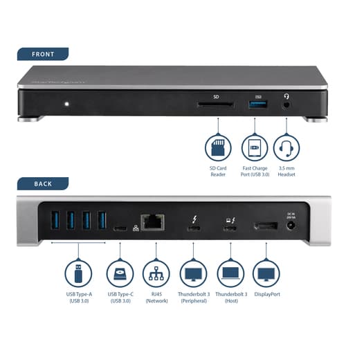 StarTech.com Thunderbolt 3 Dock, Dual Monitor 4K 60Hz TB3 Laptop Docking Station with DisplayPort, 85W Power Delivery Charging, 6-Port USB 3.0 Hub, SD 4.0 Reader, GbE, Audio, Windows & Mac - 85W PD TB3 Dock (TB3DOCK2DPPU) - Docking station - Thunderbolt 3 - DP - 1GbE - 180 Watt — view 10