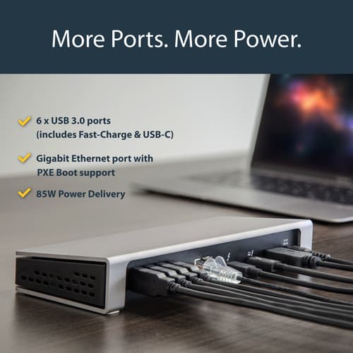 StarTech.com Thunderbolt 3 Dock, Dual Monitor 4K 60Hz TB3 Laptop Docking Station with DisplayPort, 85W Power Delivery Charging, 6-Port USB 3.0 Hub, SD 4.0 Reader, GbE, Audio, Windows & Mac - 85W PD TB3 Dock (TB3DOCK2DPPU) - Docking station - Thunderbolt 3 - DP - 1GbE - 180 Watt — view 11