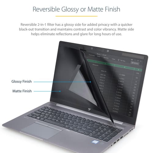 StarTech.com Laptop Privacy Screen for 15" Notebook, Magnetic Removable Laptop Display Security Filter, Blue Light Reducing Screen Protector, 16:9, Matte/Glossy, +/-30 Degree Viewing - Blue Light Filter (PRIVSCNLT15) - Notebook privacy filter - removable - magnetic - 15" - transparent - TAA Compliant - for P/N: LTSTND2IN1 — view 12