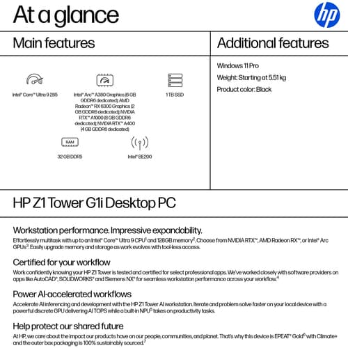 HP Z1 G1i - Tower 1 x Core Ultra 9 285 / up to 5.6 GHz - vPro Enterprise - RAM 32 GB - SSD 1 TB - NVMe - Intel Graphics - Gigabit Ethernet, IEEE 802.11ax (Wi-Fi 6), IEEE 802.11be (Wi-Fi 7), Bluetooth 5.4 - Win 11 Pro - monitor: none - keyboard: UK - black - Smart Buy — view 4