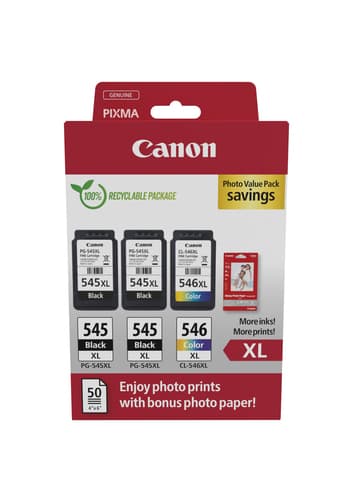 Canon PG-545 XL/CL-546XL Photo Value Pack - 3-pack - black, colour (cyan, magenta, yellow) - original - ink cartridge / paper kit - for P/N: 0727C068, 727C076