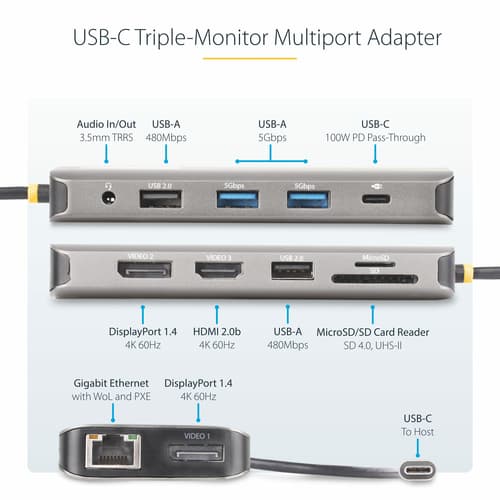 StarTech.com USB-C Triple-Monitor Multiport Adapter, HDMI/DP/Card Reader - Docking station - USB-C 3.2 Gen 1 / Thunderbolt 3 / Thunderbolt 4 - HDMI, 2 x DP - 1GbE — view 4
