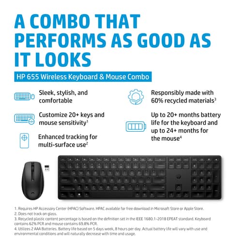 HP 655 - Keyboard and mouse set - wireless - 2.4 GHz - UK - black — view 5