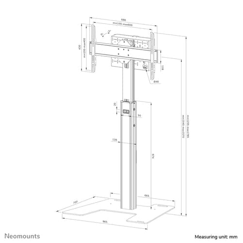 Neomounts MOVE Height Adjustable Display Stand - 37"" (93.98 cm) to 75"" (190.50 cm) Screen Support - 70 kg Load Capacity - 178.50 cm (70.28"") Height x 86.50 cm (34.06"") Width x 70 cm (27.56"") Depth - Floor - Steel - Black - For Display Screen - Lockable, Ventilated — view 18