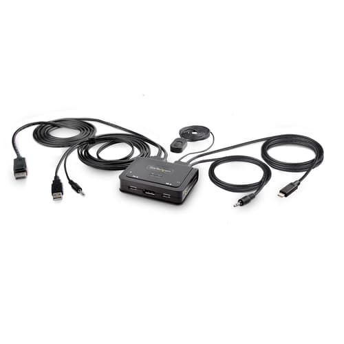 StarTech.com 2-Port Hybrid USB-C DisplayPort Cable KVM Switch, 4K 60Hz, Compact KVM with 6ft/1.8m USB-A/DisplayPort/Audio & 4ft/1.2m USB-C Integrated Host Cables, Bus Powered - Remote Push Button/Hotkey Switching (C2-D46-UAC-CBL-KVM) - KVM / audio / USB switch - compact - 2 x KVM / audio / USB - 1 local user - desktop