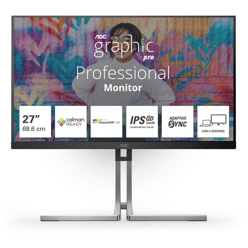 AOC Q27U3CV - Graphic Pro Series - LED monitor - 27" - 2560 x 1440 QHD @ 75 Hz - IPS - 1000:1 - DisplayHDR 400 - 4 ms - HDMI, DisplayPort, USB-C - speakers - black