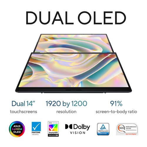 ASUS Zenbook Duo OLED UX8406CA-QL135W - 180-degree hinge design - Intel Core Ultra 7 - 255H / up to 5.1 GHz - Evo - Win 11 Home - Arc Graphics 140T - 16 GB RAM - 1 TB SSD NVMe - 14" OLED touchscreen 1920 x 1200 @ 120 Hz - Wi-Fi 7, Bluetooth - inkwell grey — view 15