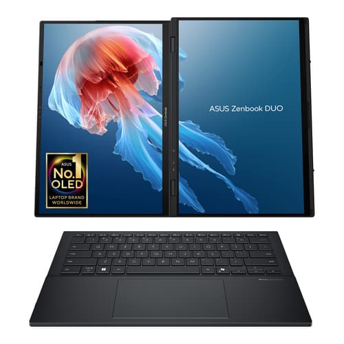 ASUS Zenbook Duo OLED UX8406CA-QL135W - 180-degree hinge design - Intel Core Ultra 7 - 255H / up to 5.1 GHz - Evo - Win 11 Home - Arc Graphics 140T - 16 GB RAM - 1 TB SSD NVMe - 14" OLED touchscreen 1920 x 1200 @ 120 Hz - Wi-Fi 7, Bluetooth - inkwell grey — view 3
