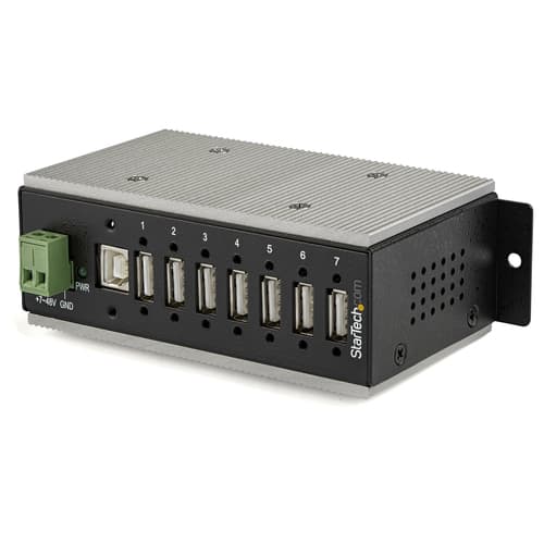 StarTech.com 7 Port USB 2.0 Hub, Metal Industrial USB-A Hub (7x USB-A) with ESD & Surge Protection, Extended Operating Temp -40 to 185�F, Din Rail/Wall/Desk Mountable, USB Expander, Rugged - Windows/macOS/Linux (HB20A7AME) - Hub - 7 x USB 2.0 - DIN rail mountable - DC power - TAA Compliant - for P/N: ITB20D3250
