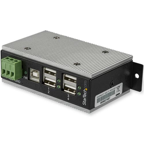 StarTech.com 4 Port USB 2.0 Hub, Metal Industrial USB-A Hub (4x USB-A) with ESD & Surge Protection, Extended Operating Temp -40 to 185�F, Din Rail/Wall/Desk Mountable, USB Expander Hub - Windows/macOS/Linux (HB20A4AME) - Hub - 4 x USB 2.0 - DIN rail mountable - DC power - TAA Compliant - for P/N: ITB20D3250
