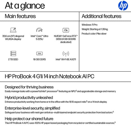 HP ProBook 4 G1i Notebook AI - Intel Core Ultra 5 - 225U / up to 4.8 GHz - Win 11 Pro - Intel Graphics - 16 GB RAM - 256 GB SSD NVMe - 14" IPS 1920 x 1200 - Gigabit Ethernet - Wi-Fi 6E, Bluetooth - pike silver aluminium - kbd: UK — view 4