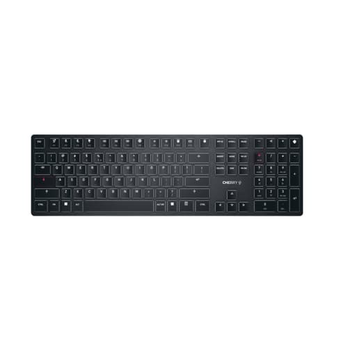 CHERRY KW X ULP - Keyboard - backlit - wireless - 2.4 GHz, Bluetooth 5.2, corded - US with Euro symbol - key switch: CHERRY MX Ultra Low Profile - black - plastic free packaging — view 1