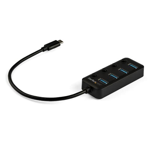 StarTech.com 4 Port USB C Hub, USB-C to 4x USB 3.0 Type-A Ports with Individual On/Off Port Switches, SuperSpeed 5Gbps USB 3.1/3.2 Gen 1, USB Bus Powered, Portable, 10" Attached Cable - Windows/macOS/Linux (HB30C4AIB) - Hub - 4 x USB 3.1 Gen 1 - desktop