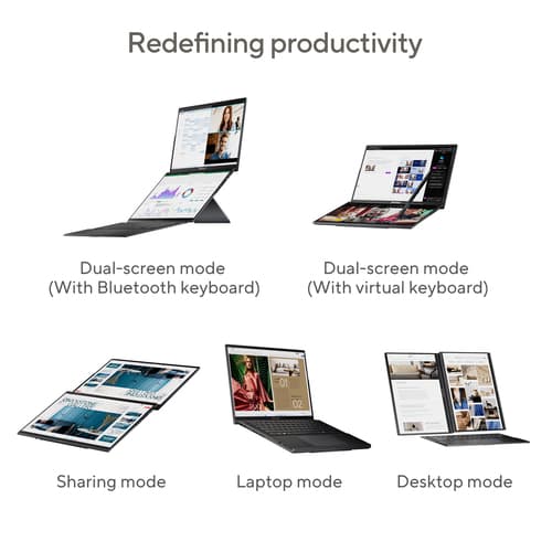 ASUS Zenbook Duo OLED UX8406CA-QL135W - 180-degree hinge design - Intel Core Ultra 7 - 255H / up to 5.1 GHz - Evo - Win 11 Home - Arc Graphics 140T - 16 GB RAM - 1 TB SSD NVMe - 14" OLED touchscreen 1920 x 1200 @ 120 Hz - Wi-Fi 7, Bluetooth - inkwell grey — view 10