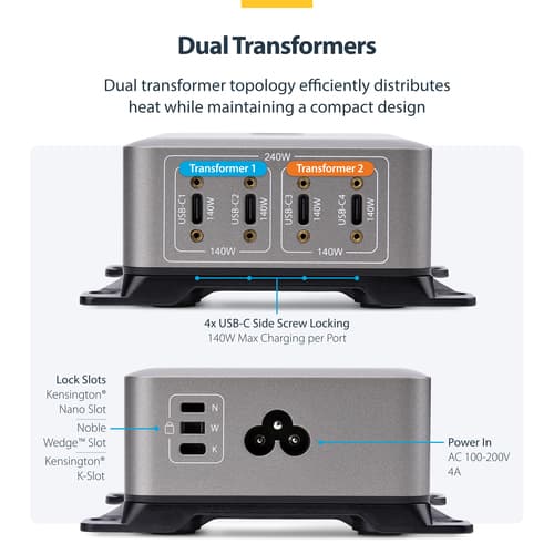 StarTech.com 4-Port USB-C Charger, 240W Total, Single Port 140W EPR - Power adapter - with surface mount bracket - 240 Watt - 5 A - Power Delivery 3.1 - 4 output connectors (24 pin USB-C) — view 19