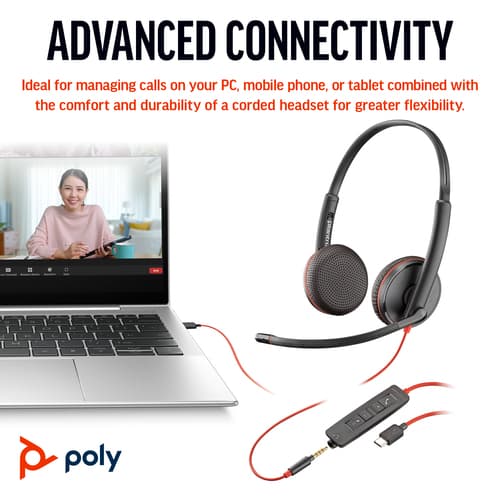 Poly Blackwire 3225 - Blackwire 3200 Series - headset - on-ear - wired - 3.5 mm jack, USB-C - black - Certified for Skype for Business, Cisco Jabber Certified, Avaya Certified, UC certified — view 5
