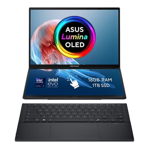 ASUS Zenbook Duo OLED UX8406CA-QL135W - 180-degree hinge design - Intel Core Ultra 7 - 255H / up to 5.1 GHz - Evo - Win 11 Home - Arc Graphics 140T - 16 GB RAM - 1 TB SSD NVMe - 14" OLED touchscreen 1920 x 1200 @ 120 Hz - Wi-Fi 7, Bluetooth - inkwell grey