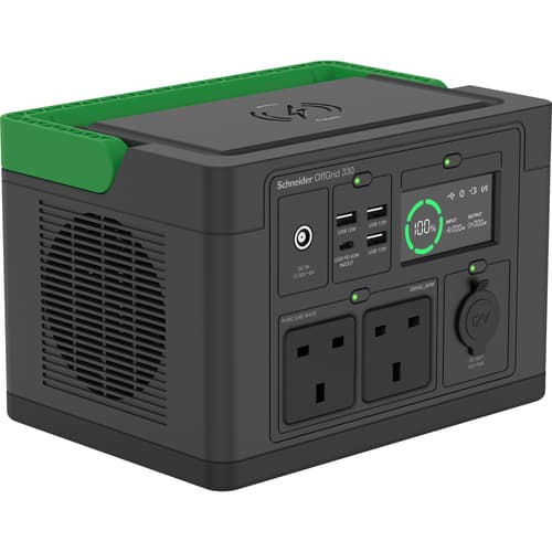Schneider OffGrid 330 - Portable power station - LCD, 2 BS1363 outlets, sinewave, 3 USB-A, 1 USB-C, wireless charger - AC 230 V - 330 Watt - Lithium Ion - 332 Wh - output connectors: 2 - United Kingdom - black, green