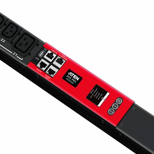 ATEN PG series PG95230G - Power distribution unit (rack-mountable) - 16A, metered - AC 230-400 V - 11084 VA - 3-phase - Ethernet 100/1000 - input: IEC 60309 3P+N+PE - output connectors: 30 (6 x IEC 60320 C19, 24 x IEC 60320 C13) - 0U - 3 m cord — view 3