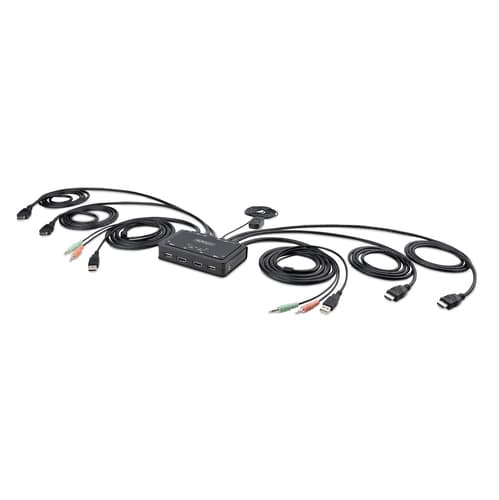 StarTech.com 2-Port Dual-Monitor HDMI Cable KVM Switch, 4K 60Hz, Compact KVM with 5ft/1.5m USB-A/HDMI/Audio Integrated Cables, Bus Powered - Remote Push Button/Hotkey Switching (C2-DH46-UA2-CBL-KVM) - KVM / audio / USB switch - compact - 2 x KVM / audio / USB - 1 local user - desktop